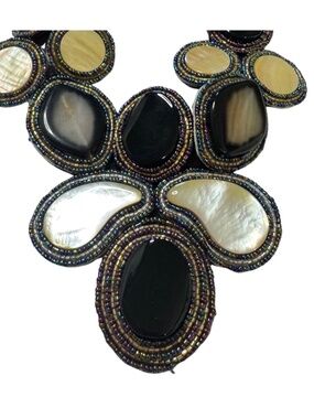 Handmade Mixed Polished Stone and Mother of Pearl Necklace Ribbon Tie